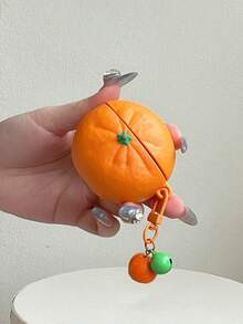 不对称造型硅胶创意3D橙色吊坠，适用于第四代保护壳，苹果耳机保护壳，适用于 Pro 2，无线蓝牙耳机保护套，适用于第一/二代，硅胶软壳，适用于第三代防摔耳机保护套（不含耳机），春季礼物，生日派对 - 橘色 - 查看 3