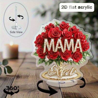 2D平面旋转亚克力“妈妈”花束装饰摆件，包含红玫瑰和绿叶，优雅的母亲节礼物，360°旋转展示，无需电源，室内/室外家居装饰，适用于圣诞节、毕业典礼、感恩节、复活节等节日，花束配件，2D平面