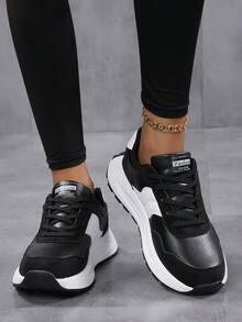 Women's Fashion Sneakers, New Thick Sole Casual Athletic Shoes, Ladies' Chunky Sneakers Combining Entertainment And Comfort - Black - View 7