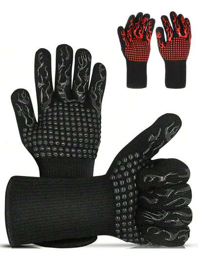 烧烤手套，耐热阻燃手套，硅胶防滑可水洗烤箱微波炉隔热五指手套，适用于烧烤、露营、烟熏、烤肉、烹饪、烘焙