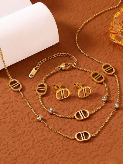 4pcs Luxury CD Letter Titanium Steel Jewelry Set, Minimalist Double D Necklace Bracelet Earrings, Versatile For Commute, Beach, And Vacation Outfits