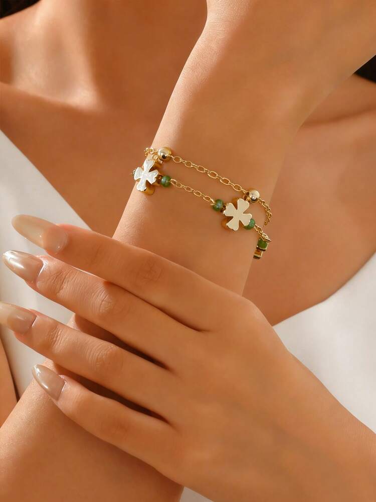 1pc Delicate Double-Layer Lucky Flower Bracelet, Gold-Tone Boho Style Leaf Armband With Green Seed Beads, Adjustable Layered Design Bangle, Minimalist For Daily, Party, Vacation, Gift, Anniversary - Gold - View 1