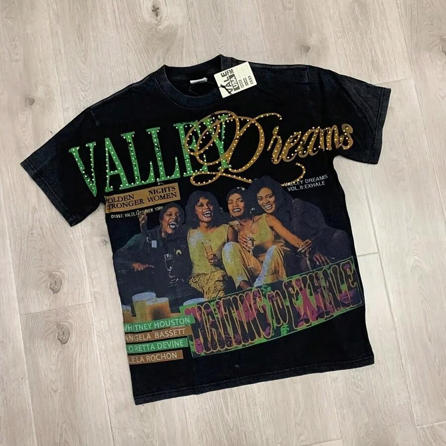 Top Quality Cotton Vintage Wash Black T Shirt Men Couple Style Character Pattern Print Rhinestone Vale T-Shirt - 黑色 - 查看 1