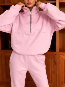 Women's Solid Color Half-Zip Stand Collar Two-Piece Set, Loose Fit Long Sleeve Sweatshirt & Wide Leg Pants, Soft Casual Tracksuit For Home, Daily & Outdoor, All Ages Women's Simple Fashion Sportswear For Spring And Summer     Summer Outfits For Women    2 Piece Sets Woman  (Local Warehouse Discounts.) | Two Piece Set Women | 2 Piece Sets Woman | Workout Sets Women | Women Two Piece Sets | Sets 2 Piece Women | Conjunto De Dos Piezas Mujer - 粉色 - 查看 4
