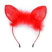 3pcs/Set Soft Lace Cat Ear Headband, 3 Colors Available, Suitable For Daily Wear And Festivals, Women's Lace Cat Ear Headband, Wedding Party & Cosplay Accessories, Elegant Fluffy Cat Ear Headpiece In Black, Red And White Lace, Photo Shoot Props, Lace Trim Cat Ear Headband With Feather Decor - View 11