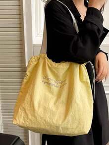 2026 New Drawstring Large Capacity One Shoulder Canvas Bag, Japanese Letter Nylon Handbag Tote Bag For Commuting - Yellow - View 3