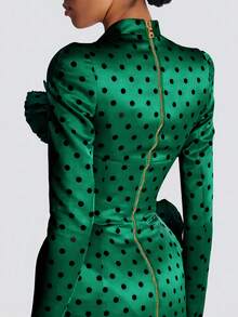 Women's Long Sleeve Short Green Formal Dress, Deep V-Neck, Polka Dot, 3D Floral Ruffle, Waist Cinched, Satin Formal Gown Sexy Heart-Shaped Neck Mini Pink Valentine's Day Party Dress, Suitable For Family Gatherings, Valentine's Day, Special Occasions, Dances, Clubs - Green - View 3
