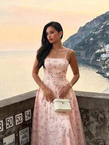 Pink Floral Print Slip Dress, Women's Elegant Mesh Patchwork Mid-Length Dress, Suitable For Dates - Pink - View 3