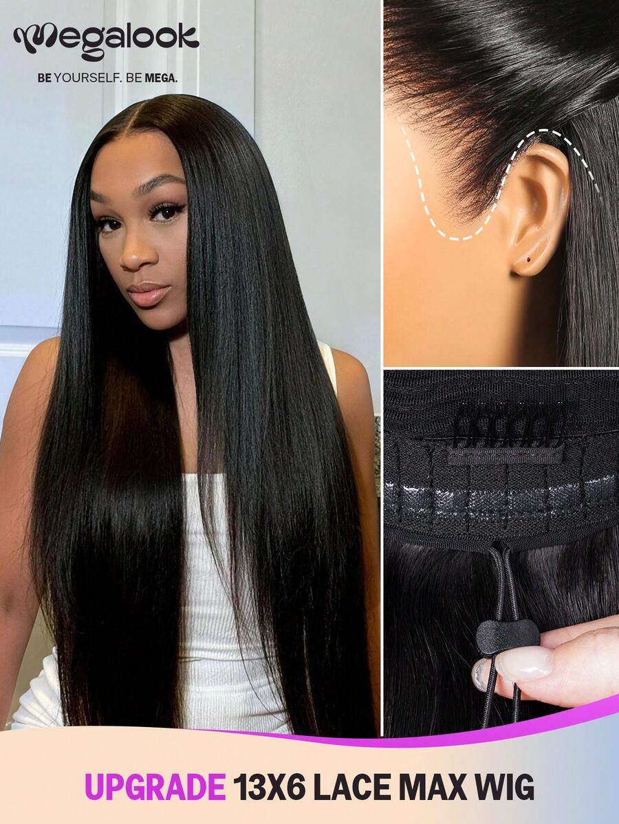 MEGALOOK 升级版 13x6 Lace Max Three-Go™ 直发波浪真人发蕾丝假发，女士款，自然黑色双拉真人发接发，透明蕾丝可调节假发帽，自然发际线，预漂白发结，100% 真人发耳到耳蕾丝假发，180% 密度 - Natural Black - 查看 1