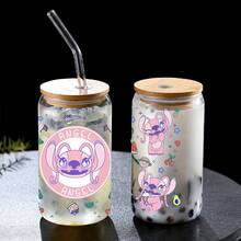 Disney 1pc 16oz Glass Cup With Cute Angel Pattern, Comes With Lid And Straw, Multi-Purpose Water Bottle, Boxed With Anti-Counterfeit Code - Angie - View 3