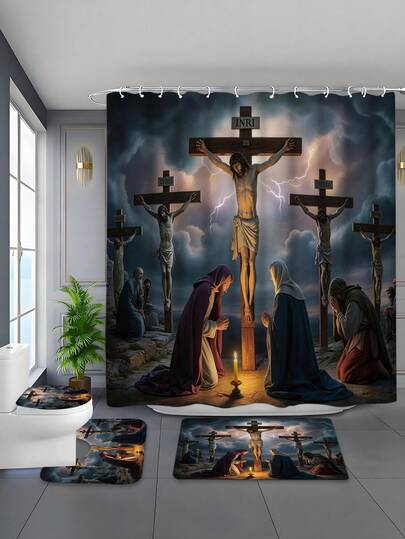 1/4件套印花防水浴室帘套装，宁静疗愈图案，防水防霉加厚涤纶面料，免打孔安装，防滑浴垫，吸水马桶垫，数码印花，不易褪色，可机洗，四季皆宜，复活节限量版