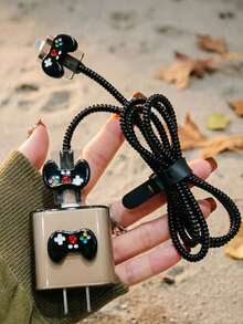 5pcs/Set Game Controller Pattern 1.5m Cable Protector, 18/20W Fast Charging Head Protector, Data Cable Protector, Friend Gift - Black - View 1