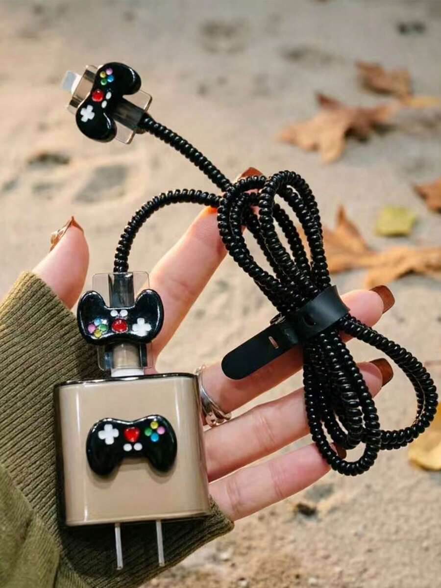 5pcs/Set Game Controller Pattern 1.5m Cable Protector, 18/20W Fast Charging Head Protector, Data Cable Protector, Friend Gift - Black - View 1