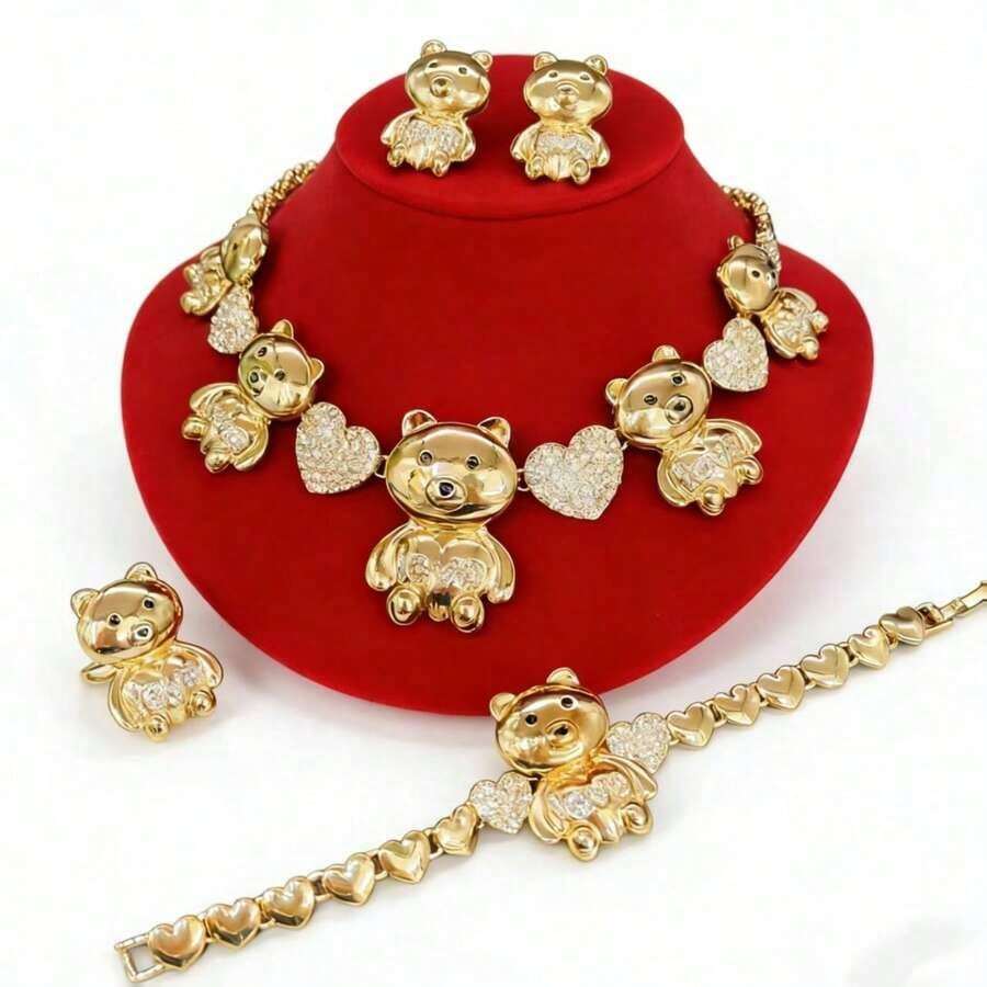4pcs Women's Fashionable Gold-Plated XO Heart Bear Rhinestone Necklace, Earrings, Bracelet, Ring Jewelry Set, Suitable For , Middle Eastern, Dubai, African, European And American Parties, Weddings, Halloween, Christmas, Holiday Gifts For Mom, Sisters, Girlfriends - 黃金3 - 查看 1