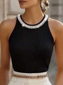 女士新款珍珠装饰圆领钩针无袖针织吊带背心，时尚简约优雅休闲装，适合派对、通勤等场合，点缀珍珠的闪亮毛衣背心，春夏秋冬黑色 - 黑色 - 查看 5