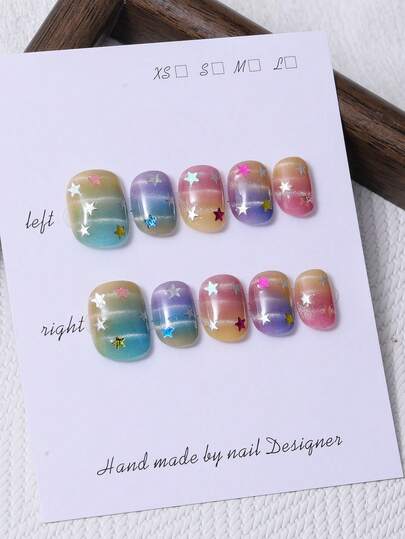 10pcs/Set Handmade Short Round Nail Pieces In Y2K Multi Color Dopamine Style & Hand Painted Gradient Rainbow Five Point Star Design Nail Decoration. 1 Piece Of Jelly Gel And 1 Nail File. Perfect For Wearing At Parties And Formal Occasions, Suitable For Press On Nails And Nail Care Products.