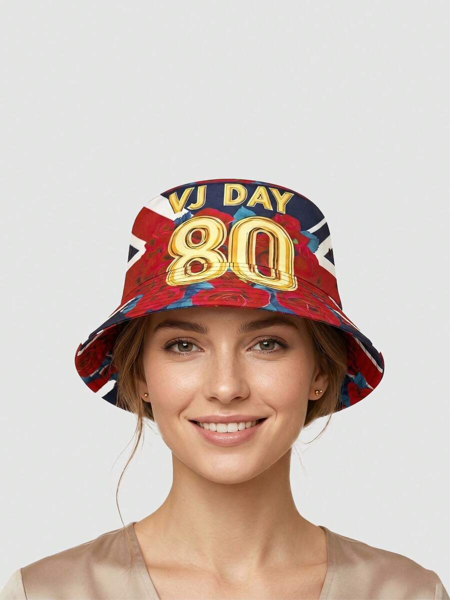 1pc European And American Style Beer Print Bucket Hat, Double-Sided Wear Small Brim Sun Hat, High-End 80s Beach Holiday Vibe - A - View 1