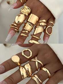 50/20/10/3pcs Women's Vintage Fashion Gold Shiny Chunky Asymmetrical Geometric Liquid Shape Ring Set, Luxury Stackable Rings Suitable For Daily Wear, Parties, Dates And Other Occasions, Versatile Accessory, Great Gift For Her - Yellow Gold - View 7