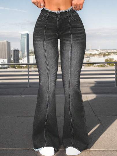 Jeans Negro Acampanado para Mujer - con Detalle Deshilachado en el Bajo, Pantalones vaqueros elásticos casuales y versátiles