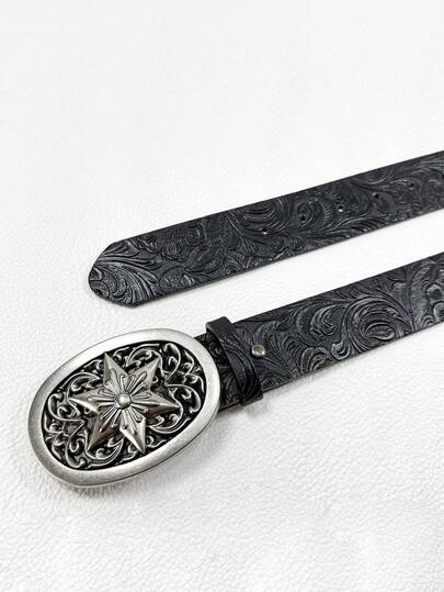 一条波西米亚风黑色仿皮腰带，配复古椭圆形镂空扣，用途广泛，适合休闲、户外、运动、度假、毕业礼物、生日、日常穿着，青少年、青年、男士皆宜。