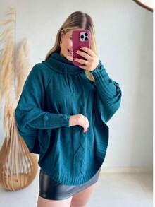 Women's Winter Knitted Poncho Blouse With Mousse Braid And High Neck - 水鴨藍 - 查看 4