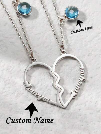 1pc Custom Birthstone Necklace With 2 Names Heart Charm Necklace For Couple Personalized Necklace For 2Puzzle Pendant Friendship Necklace Valentine's Day Gift