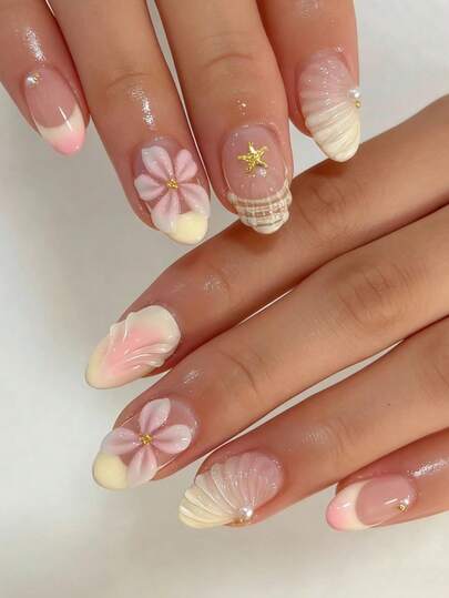 24pcs Short Oval 3D Gel Nail Stickers With Flower & Pearl Design, French Manicure Nail Wraps, Includes 1 Gel Polish And 1 Nail File, Suitable For Women And Girls For Daily Life And Party