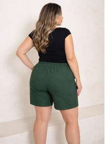Women's Linen Bermuda Shorts, Wide Leg, Plus Size, High Waist - Dark Green - View 2