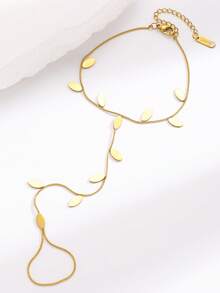 复古优雅简约时尚树叶项链和指链套装，不锈钢首饰，女士首饰套装，百搭日常休闲夏季海滩度假首饰配饰项链手链 - 金色 - 查看 9