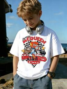 Lightning McQueen Cars-Themed 1 Piece Disney Graphic Print Fashion Crew Neck T-Shirt, Made Of 100% Pure Cotton, Is An Ideal Choice For Daily Wear, Vacation Leisure, Outdoor Adventures, Campus Life, And Shopping Outings. It's A Must-Have Item For Summer And Also The Perfect Gift For Boys And Girls. Every Child Deserves To Have A Disney T-Shirt. - trắng - Xem 1