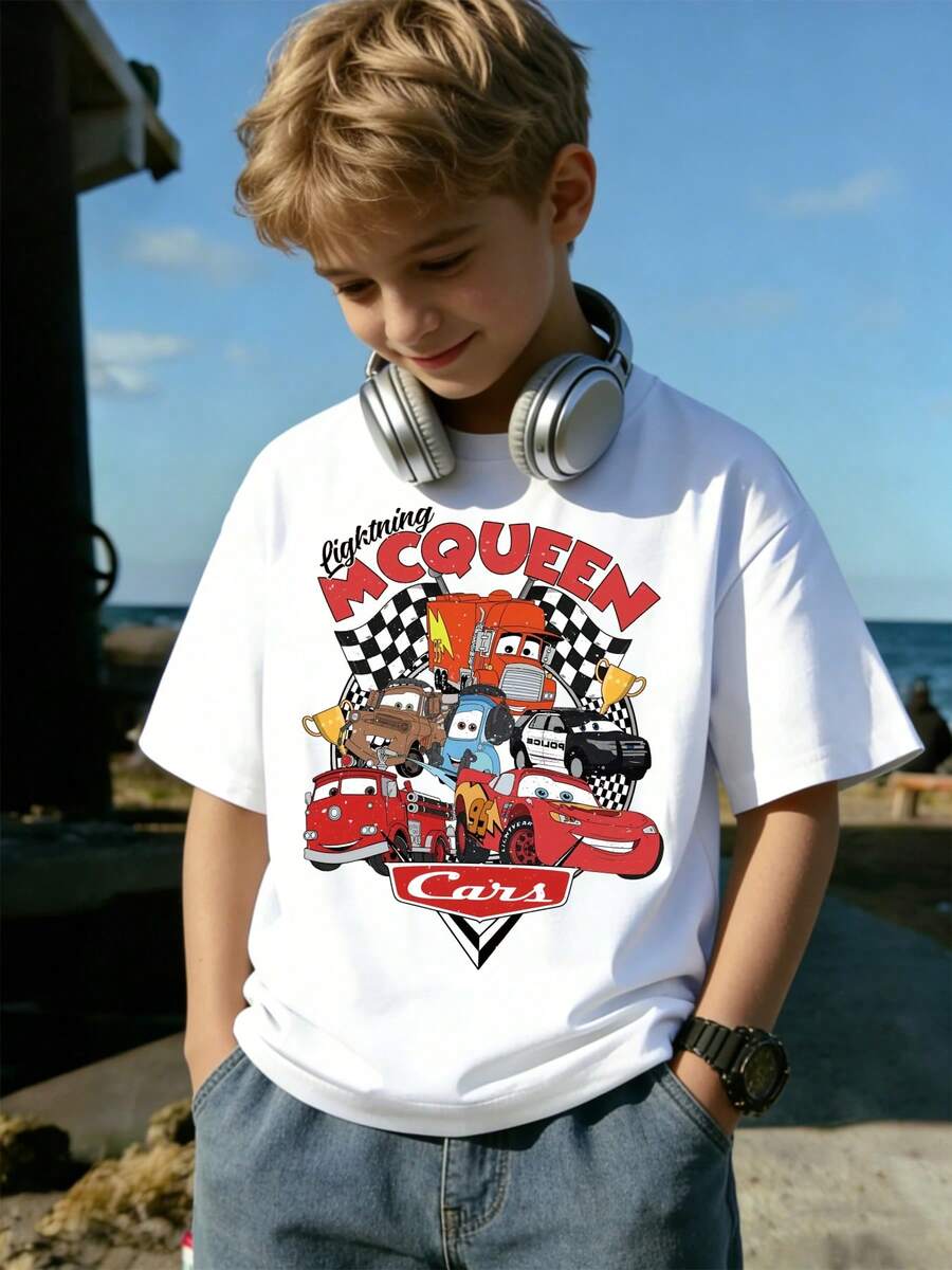 Lightning McQueen Cars-Themed 1 Piece Disney Graphic Print Fashion Crew Neck T-Shirt, Made Of 100% Pure Cotton, Is An Ideal Choice For Daily Wear, Vacation Leisure, Outdoor Adventures, Campus Life, And Shopping Outings. It's A Must-Have Item For Summer And Also The Perfect Gift For Boys And Girls. Every Child Deserves To Have A Disney T-Shirt. - trắng - Xem 1