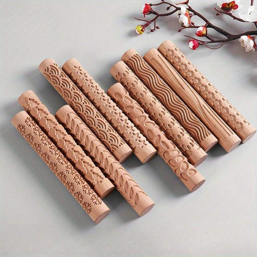 1 Set Wooden Clay Tools - Wooden Rolling Pin, Clay Press, Printing Rod, Large Area Embossing Mold - Multicolor - View 1