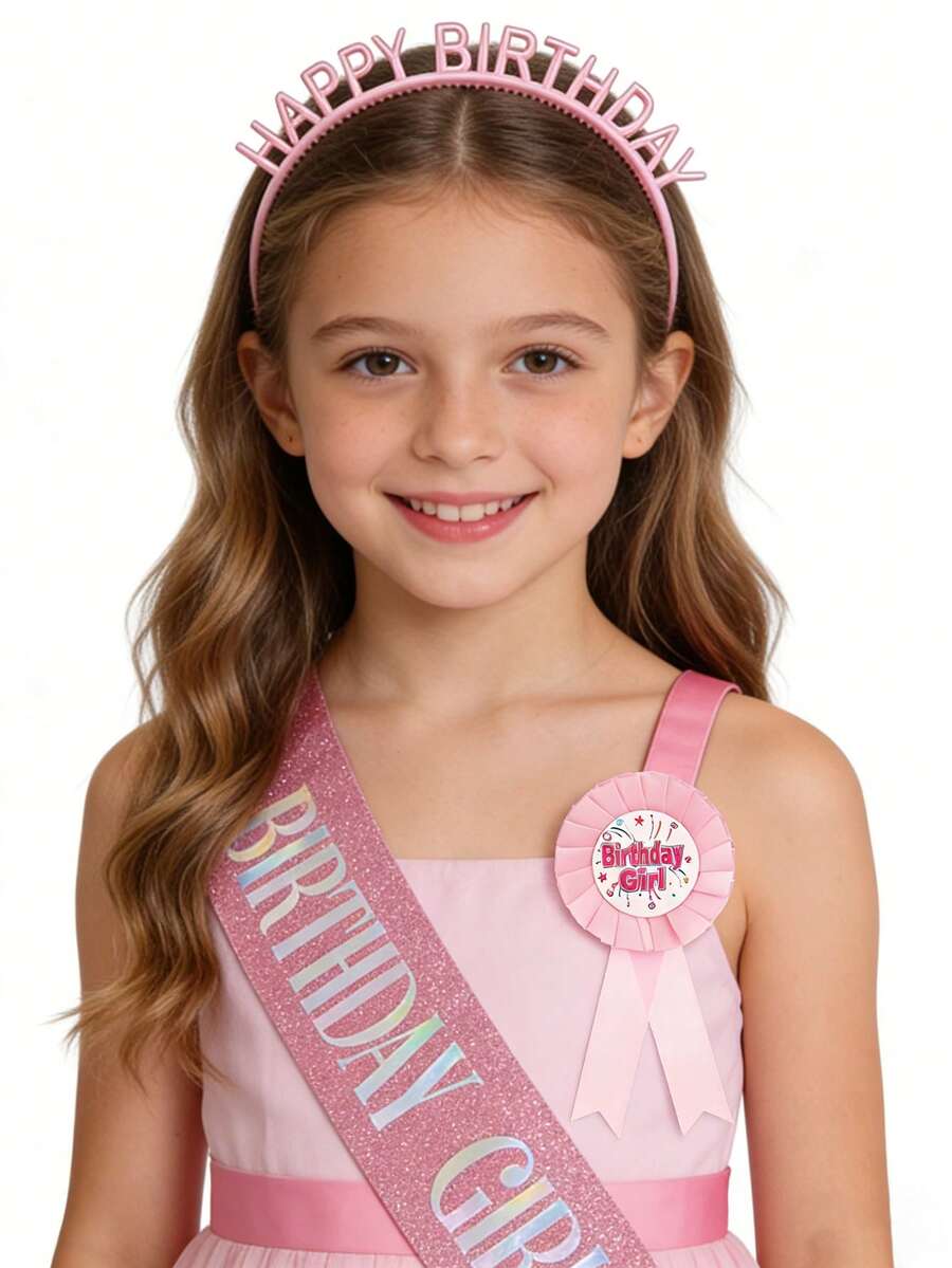 3件套粉色闪光生日女孩套装，包括生日快乐头饰、绶带和徽章，适合派对使用 - 彩色 - 查看 1
