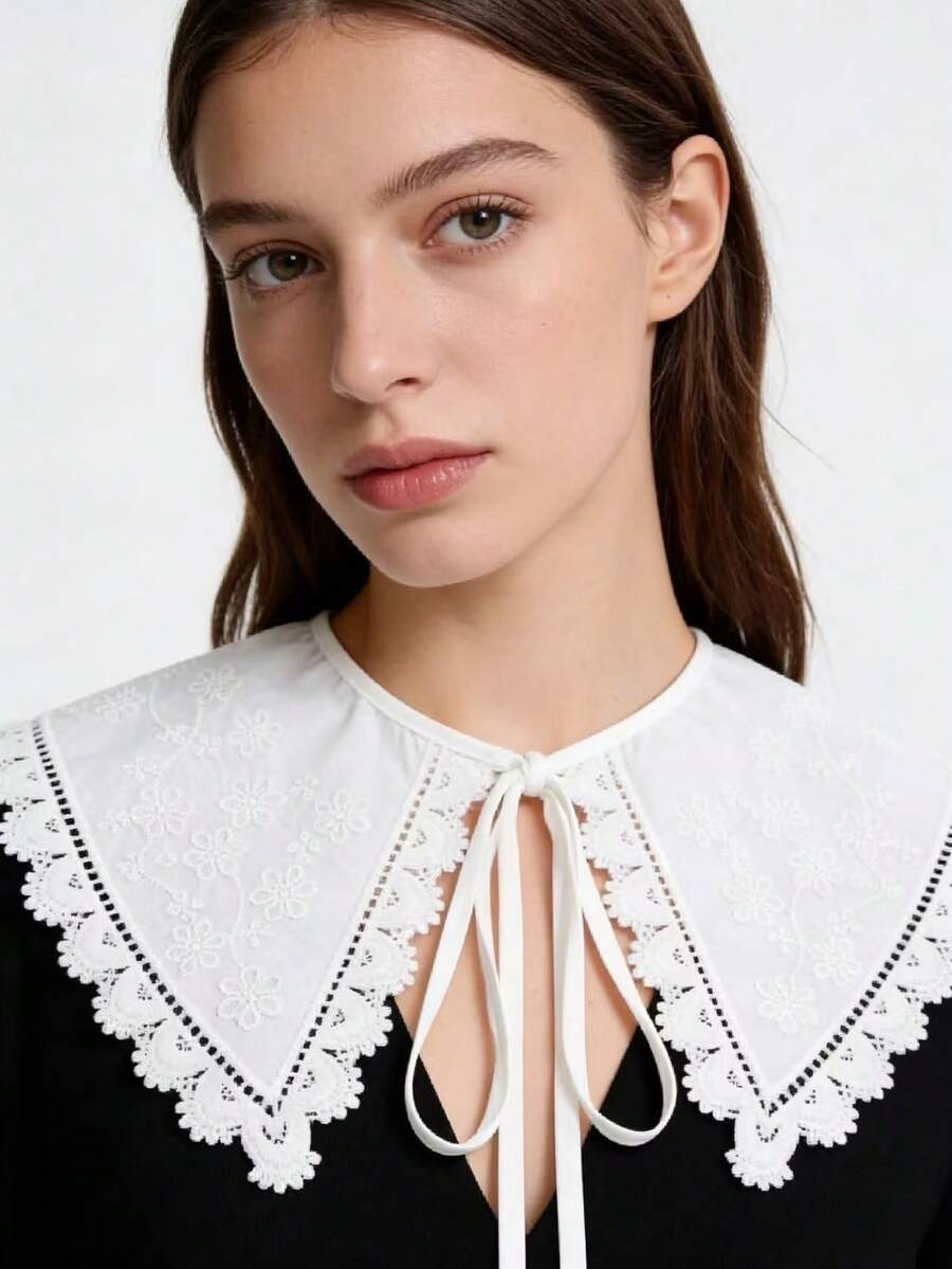 1 Pc White Small Shawl Collar With Floral Fake Collar, Shirt Collar Versatile Collar Fake Collar Fashionable Lace Collar - White - View 1