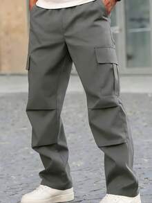 Tween Boy Spring/Autumn Cargo Pants, 1pc, Fashionable Large Pockets Design, Casual Outdoor Minimalist Style - Grey - View 6