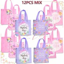 6/12个装母亲节高品质粉紫色礼品袋，印花无纺布手提袋，印有花卉和母亲节文字，适合作为妈妈生日惊喜礼物袋、派对生日礼物袋、纪念品包装袋、节日礼物袋，祝母亲节快乐 - 9065 - 查看 13