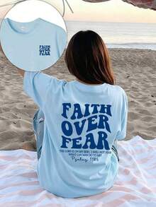 1pcs Plus Size Women's T-Shirt, Printed With "FAITH OVER FEAR" And Bible Verse Designs On The Back, Suitable For Church Services, Religious Activities - 藍色 - 查看 9