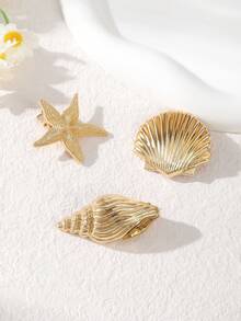 3Pcs/1Pc Whimsical Ocean-Themed Hair Clips, Gold Starfish, Seashell & Conch Claw Clips, Niche Design Sense Vacation-Style Hair Accessories - Multicolor - View 9