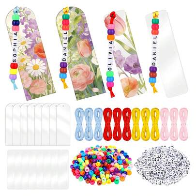 224pcs Creative 2D Bookmark Set, Includes Colored Strings, Letter Beads, Handmade Beaded, Spring/Summer Gift, DIY Keychain & Keyring Accessories