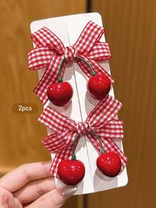 2pcs Cute Cherry Bow Hair Clips, Korean Fashion Hair Accessories Suitable For Everyday Use, Affordable, Hair Slide, Hair Barrettes, Head Accessories - 紅色 - 查看 7