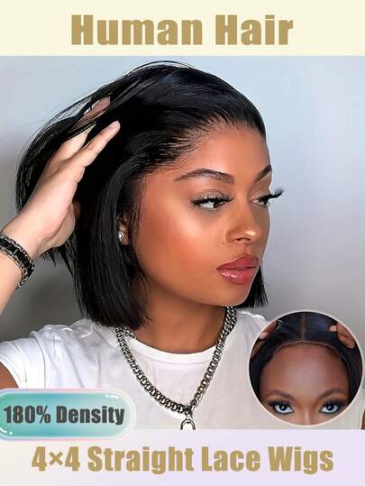 Elegant Straight Hair Bob Wig For Women, 4x4 Lace Human Hair, 180% Density, Pre-Cut Lace, Preplucked For Women Short Straight Bob Wigs For Beginners, Comfortable & Easy Application,Suitable For Women Chic Lace Front 4x4 Straight Short Bob Closure Wig | Human Hair Pre Plucked, Natural Color For Women Bob Wig Straight Human Hair Natural Black Short Straight Bob Wigs Hair Style, Versatile For All Users