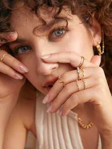 Set Of 28 Pieces Of Simple And Thin Wavy Rings, Geometric Heart Rings, Women's Accessories. - Vàng - Xem 2