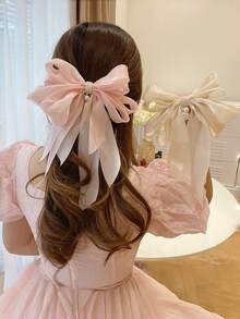 2个装女士发夹 新品上市 超仙气韩版大蝴蝶结珍珠丝带发夹 百搭优雅弹簧夹 - 彩色 - 查看 1