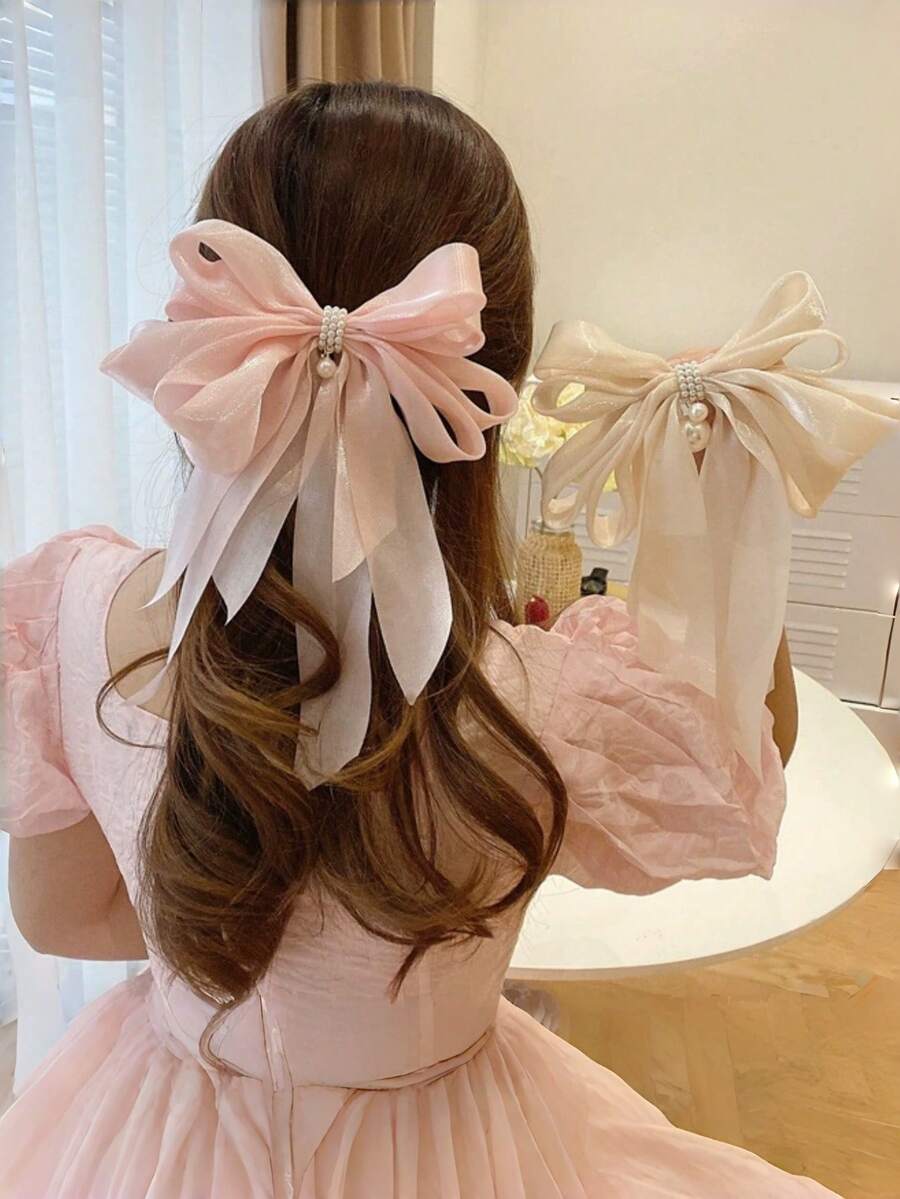 2个装女士发夹 新品上市 超仙气韩版大蝴蝶结珍珠丝带发夹 百搭优雅弹簧夹 - 彩色 - 查看 1