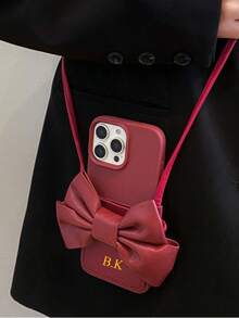 Customized Letter Name Faux Leather Bow Crossbody Card Holder Lanyard Phone Case, Compatible With Apple, Suitable For Daily Use And Outdoor Carrying, Shockproof, Anti-Drop, Anti-Scratch Card Slot Phone Case, Great Birthday Gift, Christmas Gift, Personalized Gift For Women - Black - View 4