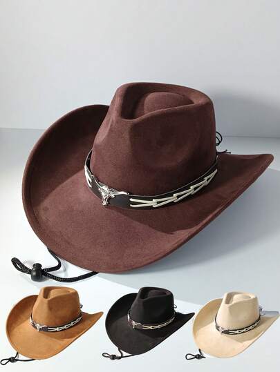 A Western Country Cowboy Hat Made Of Imitation Suede Fabric, Paired With A Windproof Rope And A Hand-Stitched Silver Bull Head Decoration. Suitable For Daily Leisure, Music Festivals, And Parties.