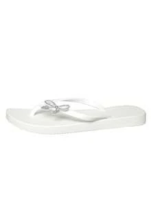 Women's Flat Flip Flops, Solid Color Vacation Crystal Bow Thong Sandals, Beach Slippers For Summer - White - View 9