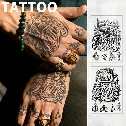 Waterproof Semi-Permanent Tattoos, Vintage Graffiti Style Tattoo - "Family & Dream" Rose And Dove Design - Fashionable English Tattoo For Men, Neck, Hand, Finger, Lasts Up To 15 Days