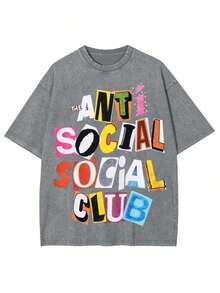 Cotton Vintage Clothing,Washed Tshirt, Retro Washed Graphic T-Shirt,100 % Cotton 230g Double-Sided Washed Anti-Social Club Washed T-Shirts Printed T-Shirts, High-Quality Batik Cotton Vintage Fashion Brand T-Shirts, Men's And Women's T-Shirts, Recent Explosions, Summer T-Shirts, Holiday Gifts, Perfect. ,Summer Outfits For Men Woman - 黑色 - 查看 10