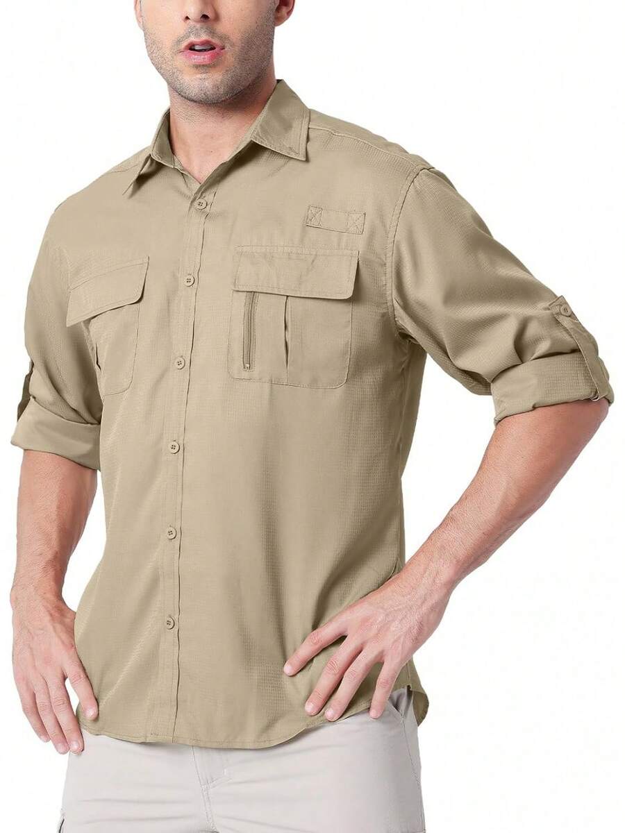 Men's Lightweight UV Protection Safari Shirt For Outdoor Travel - Màu Khaki - Xem 1
